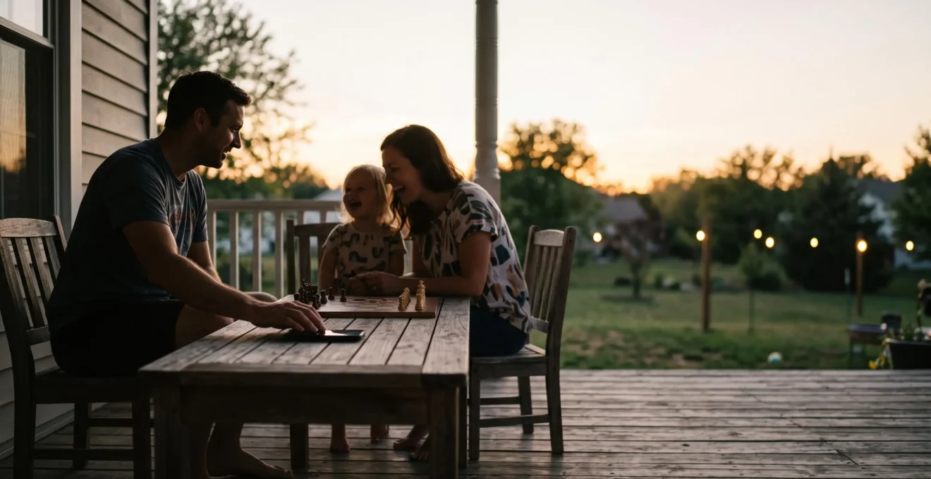 A family silhouette balancing a smartphone and a natural object like a leaf, symbolizing tech-life balance