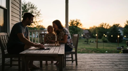 A family silhouette balancing a smartphone and a natural object like a leaf, symbolizing tech-life balance