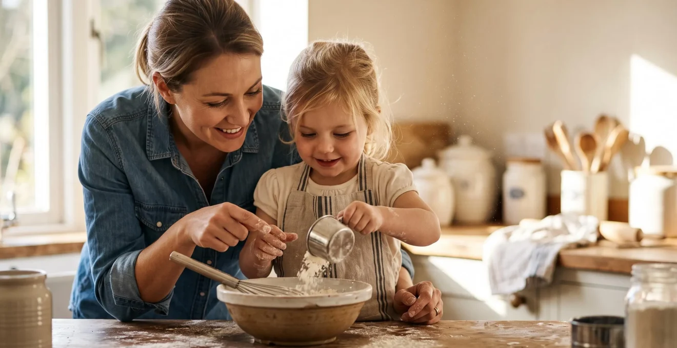 A parent and child measuring flour together in a sunlit kitchen, illustrating playful everyday math learning