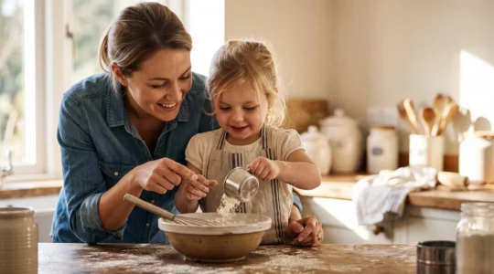 A parent and child measuring flour together in a sunlit kitchen, illustrating playful everyday math learning
