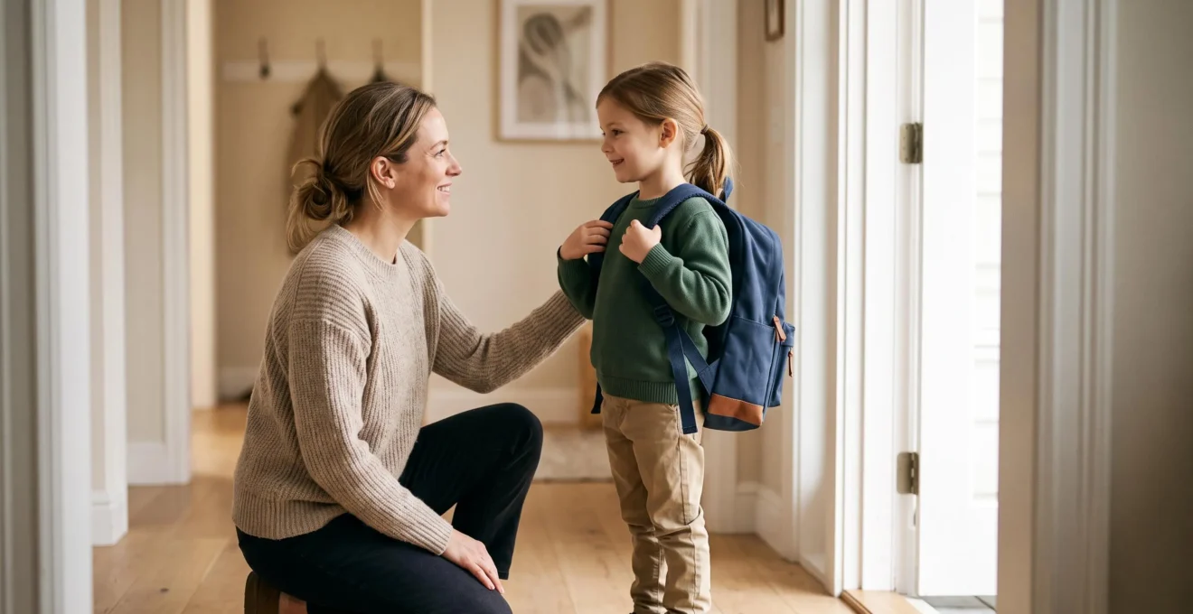 Parent and child sharing a calm, confident moment by the front door before leaving for school in the morning