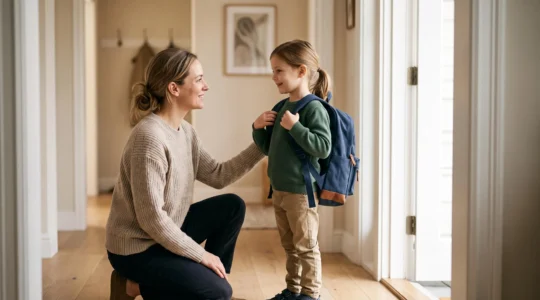 Parent and child sharing a calm, confident moment by the front door before leaving for school in the morning