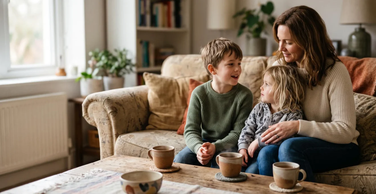 A family sitting close together in warm morning light, sharing a quiet, connected conversation at home.