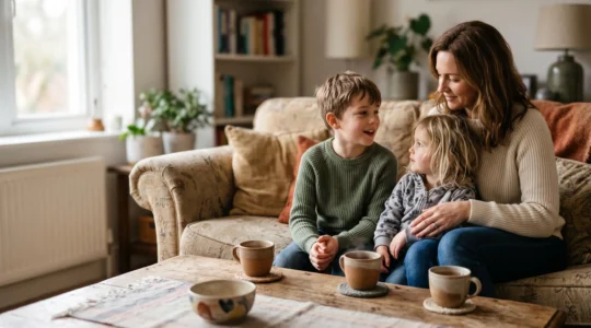 A family sitting close together in warm morning light, sharing a quiet, connected conversation at home.