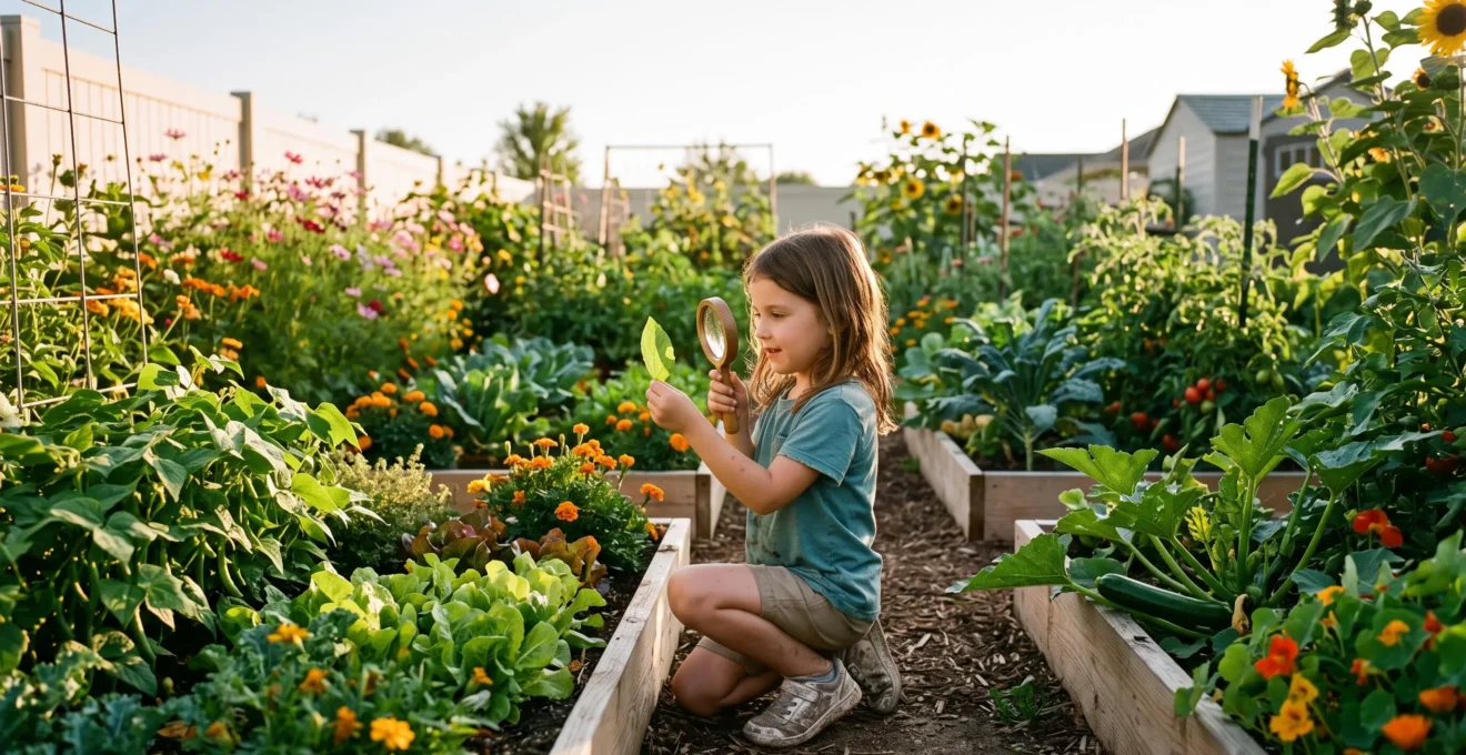 A young child kneeling in a lush backyard garden, closely examining a leaf with a simple magnifying tool, surrounded by natural light and greenery.