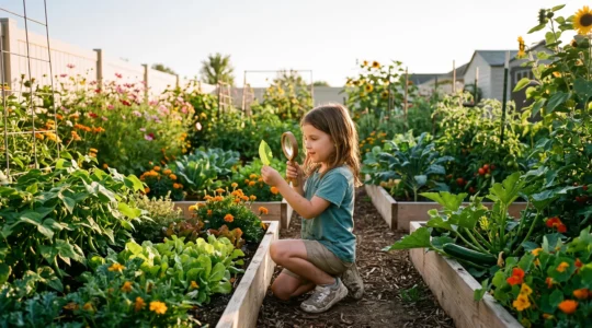 A young child kneeling in a lush backyard garden, closely examining a leaf with a simple magnifying tool, surrounded by natural light and greenery.