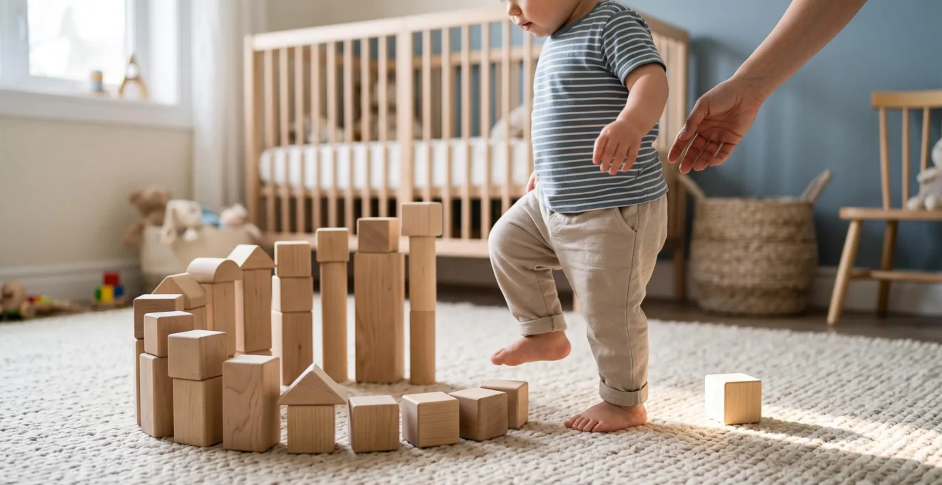 A toddler pulling up to stand beside stacked wooden blocks in a bright, calm home, symbolizing developmental milestones.