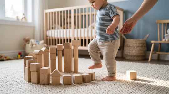 A toddler pulling up to stand beside stacked wooden blocks in a bright, calm home, symbolizing developmental milestones.