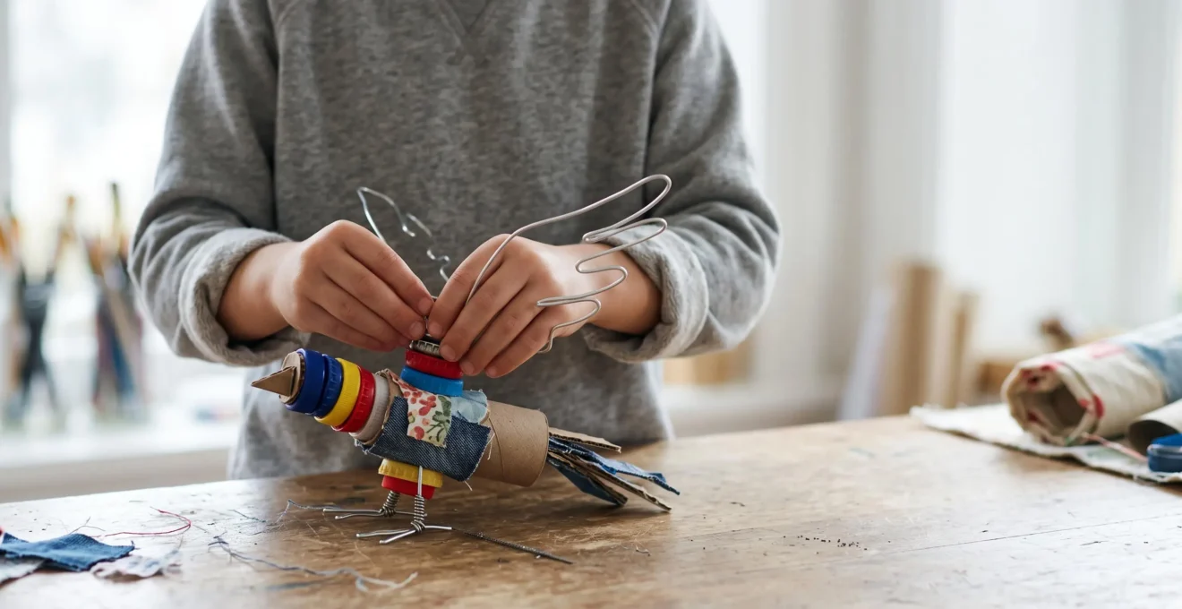A child's hands assembling a colorful sculpture from repurposed household materials, symbolizing creativity and sustainability