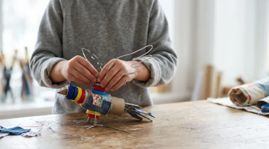 A child's hands assembling a colorful sculpture from repurposed household materials, symbolizing creativity and sustainability