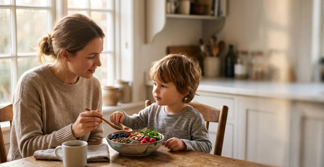 A calm child and parent sharing a colorful breakfast in natural morning light, symbolizing the connection between gut health and mental balance