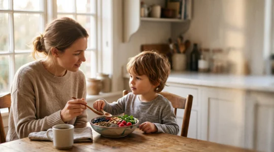 A calm child and parent sharing a colorful breakfast in natural morning light, symbolizing the connection between gut health and mental balance