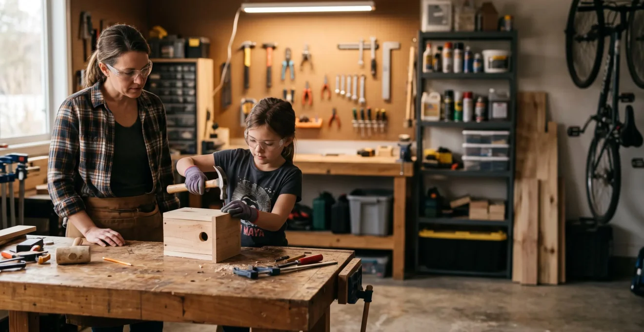 Parent and child working together at a home workshop bench, building engineering skills with real tools