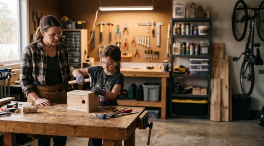 Parent and child working together at a home workshop bench, building engineering skills with real tools
