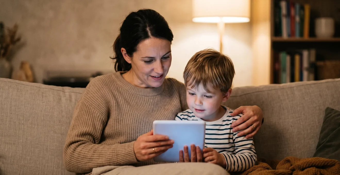 A parent and child looking together at a softly glowing tablet in a warm living room, symbolizing guided digital safety and family trust.