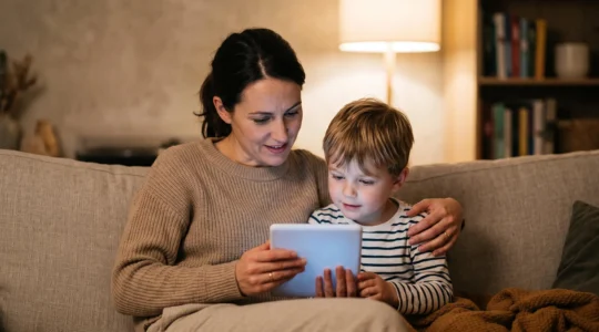 A parent and child looking together at a softly glowing tablet in a warm living room, symbolizing guided digital safety and family trust.