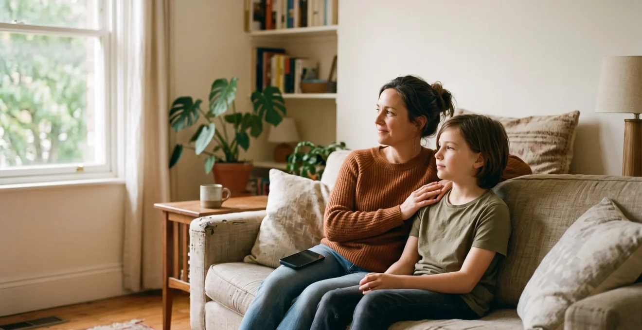 A parent and child sitting together in warm natural light, symbolizing guided digital citizenship and family trust online