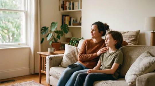 A parent and child sitting together in warm natural light, symbolizing guided digital citizenship and family trust online
