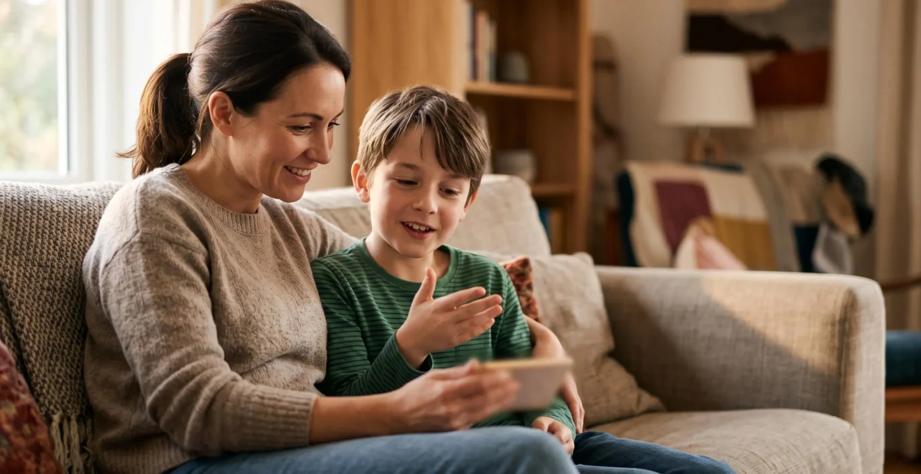 A parent and a pre-teen sitting closely together on a couch, both looking thoughtfully at a glowing device, symbolizing guided media literacy learning