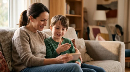 A parent and a pre-teen sitting closely together on a couch, both looking thoughtfully at a glowing device, symbolizing guided media literacy learning