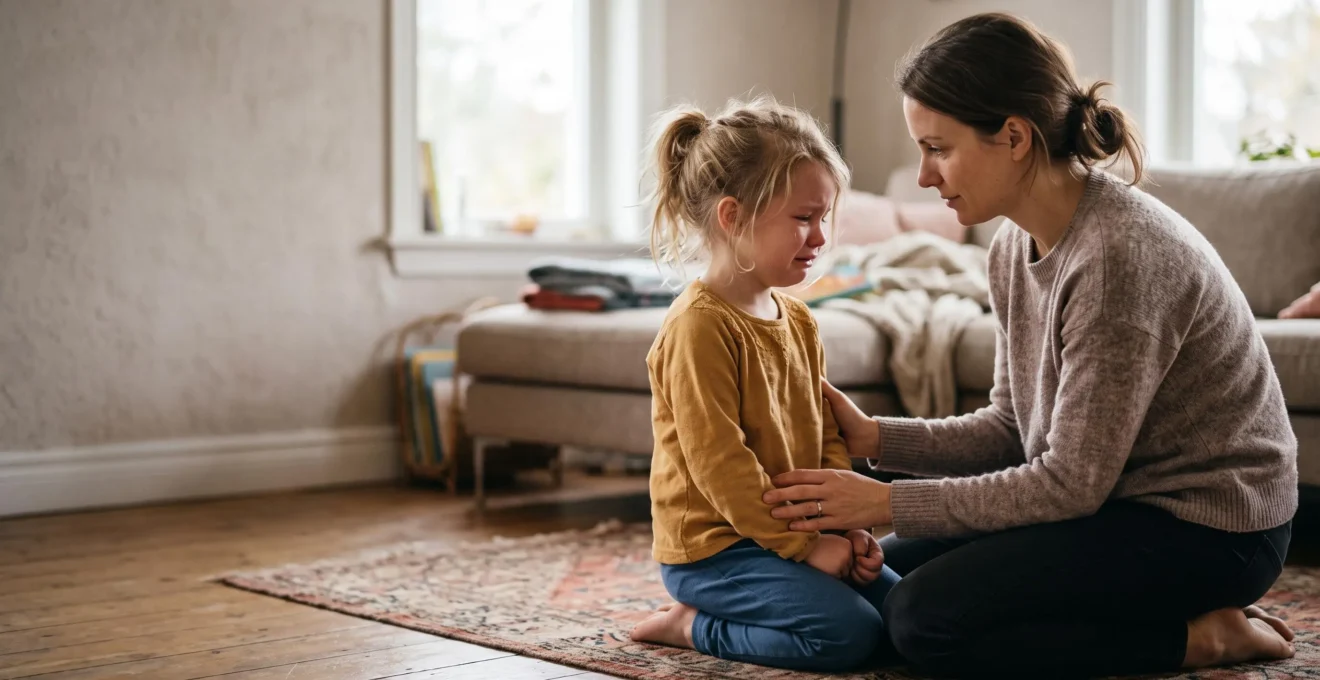 A calm parent gently holding a distressed child's hand, symbolizing steady presence during an emotional storm