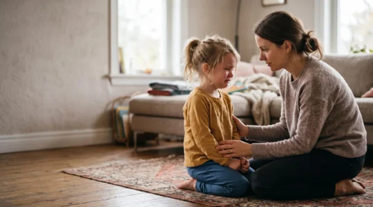 A calm parent gently holding a distressed child's hand, symbolizing steady presence during an emotional storm