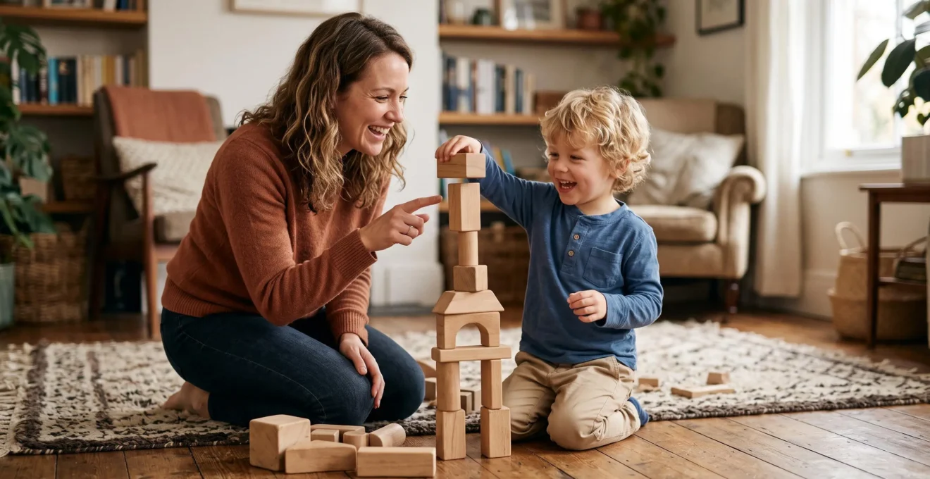 Parent and preschooler stacking wooden building blocks together on the floor, focused on spatial play without screens