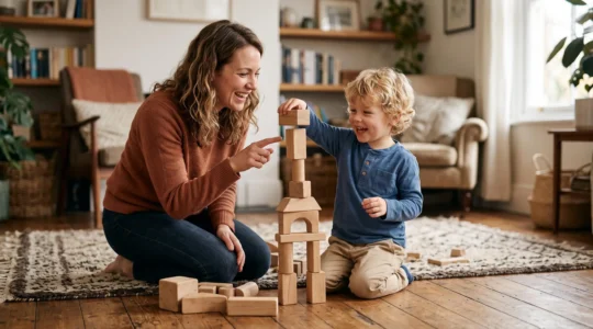 Parent and preschooler stacking wooden building blocks together on the floor, focused on spatial play without screens