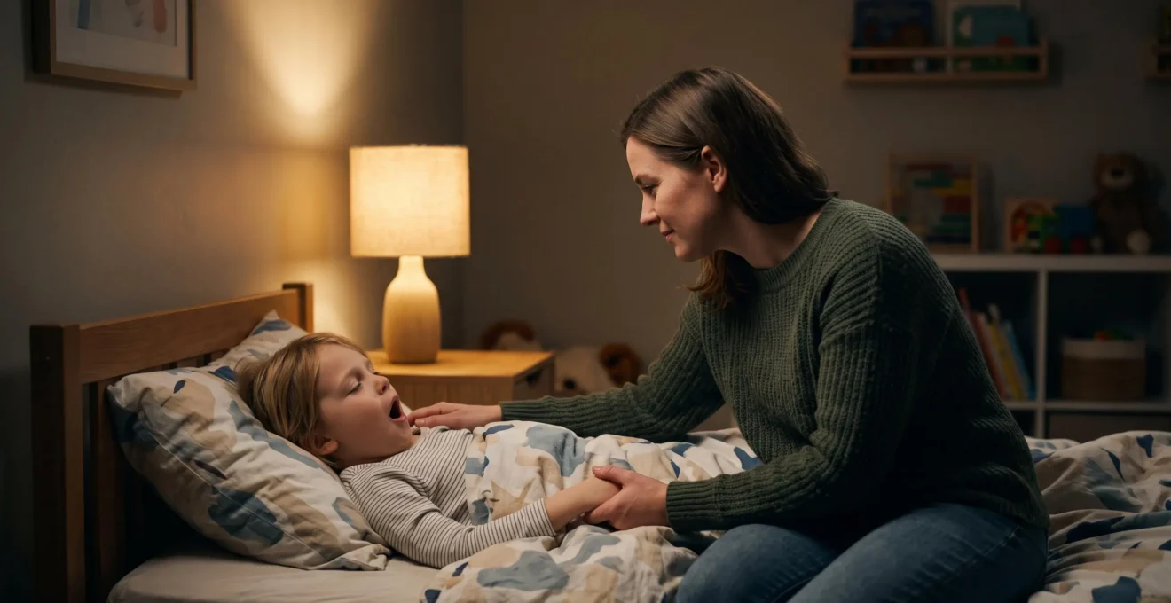 A parent gently tucking in a child in a softly lit bedroom during a calm evening routine