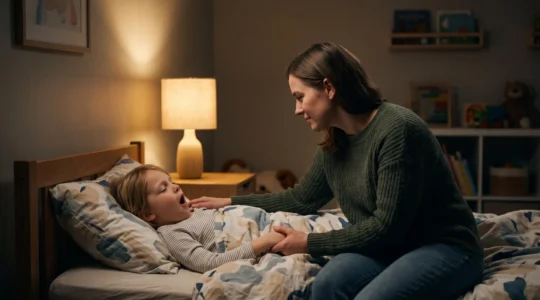 A parent gently tucking in a child in a softly lit bedroom during a calm evening routine