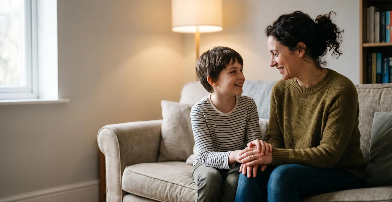 A parent and pre-teen child sharing a warm, heartfelt conversation at home, symbolizing emotional intelligence development