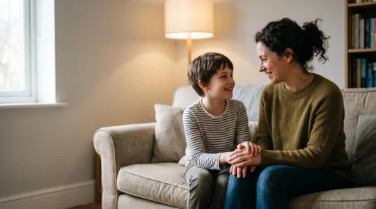 A parent and pre-teen child sharing a warm, heartfelt conversation at home, symbolizing emotional intelligence development