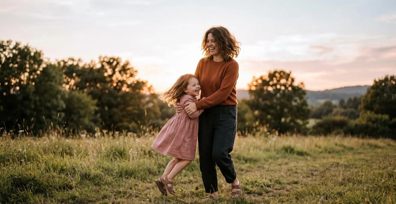 A parent and child sharing a spontaneous joyful moment outdoors at golden hour, symbolizing a lasting core childhood memory