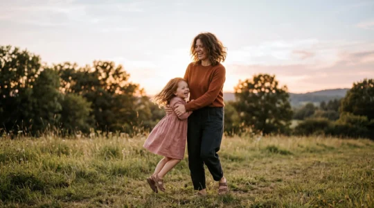 A parent and child sharing a spontaneous joyful moment outdoors at golden hour, symbolizing a lasting core childhood memory
