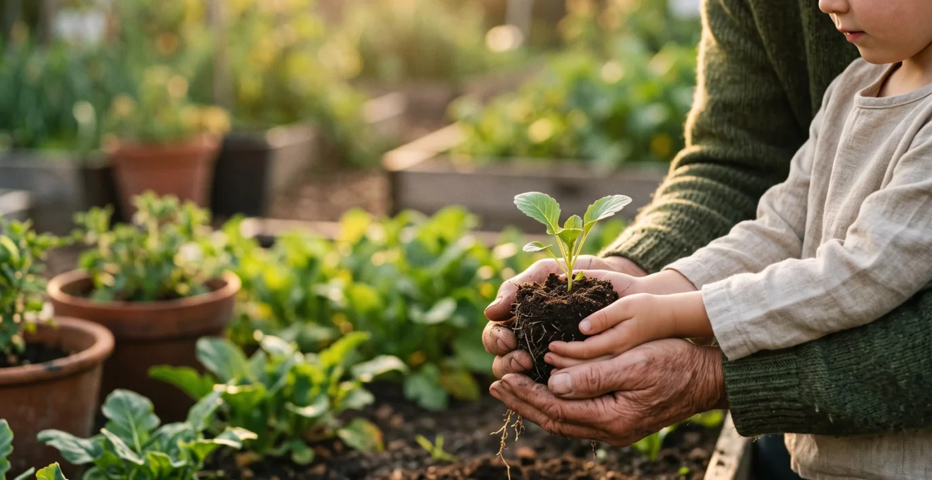 Close-up of an adult's and a child's hands cupped together holding a small green seedling and soil in warm natural light