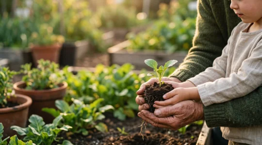 Close-up of an adult's and a child's hands cupped together holding a small green seedling and soil in warm natural light