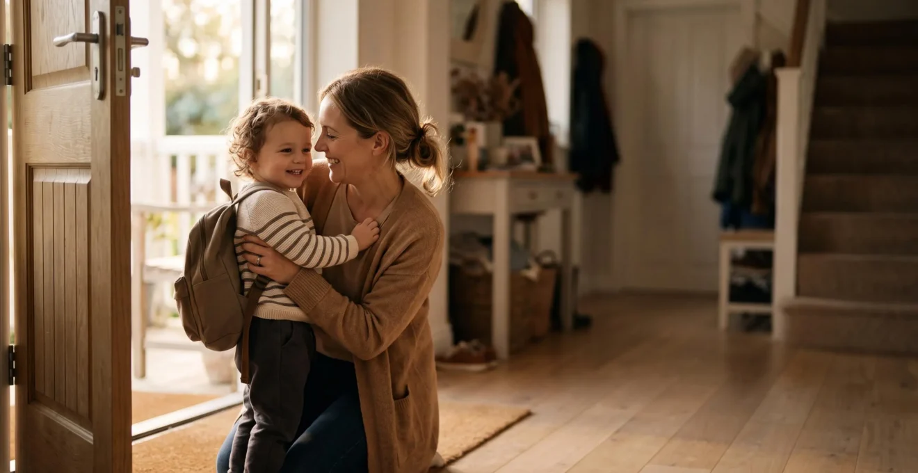 A parent kneeling down to embrace a child at a doorway, symbolizing the rebuilding of secure attachment after separation