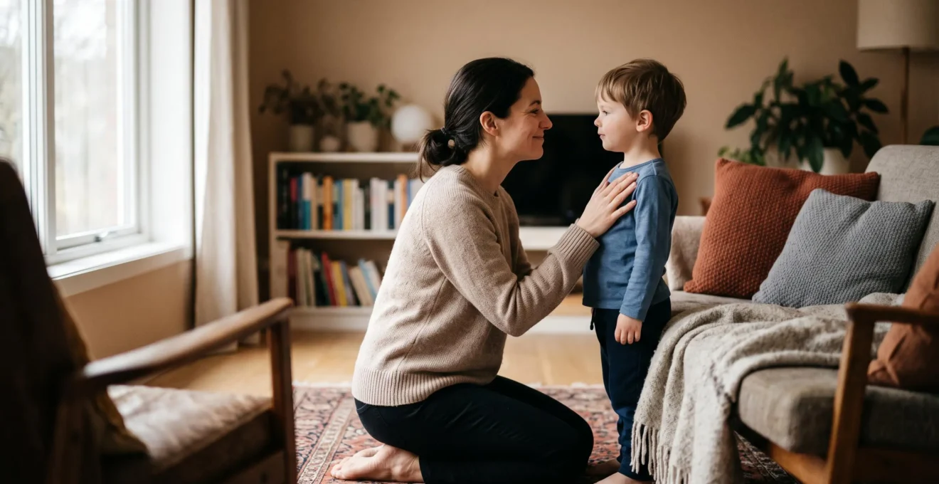 A parent gently comforting a child in a warm, softly lit living room, symbolizing psychological safety at home