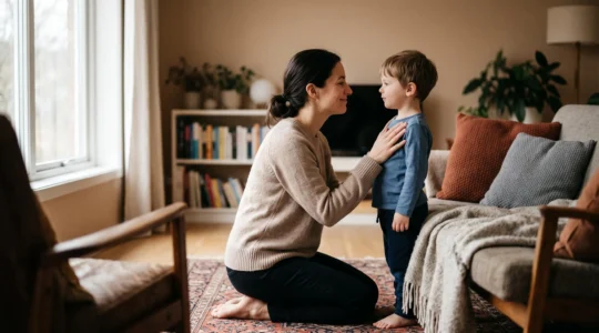 A parent gently comforting a child in a warm, softly lit living room, symbolizing psychological safety at home
