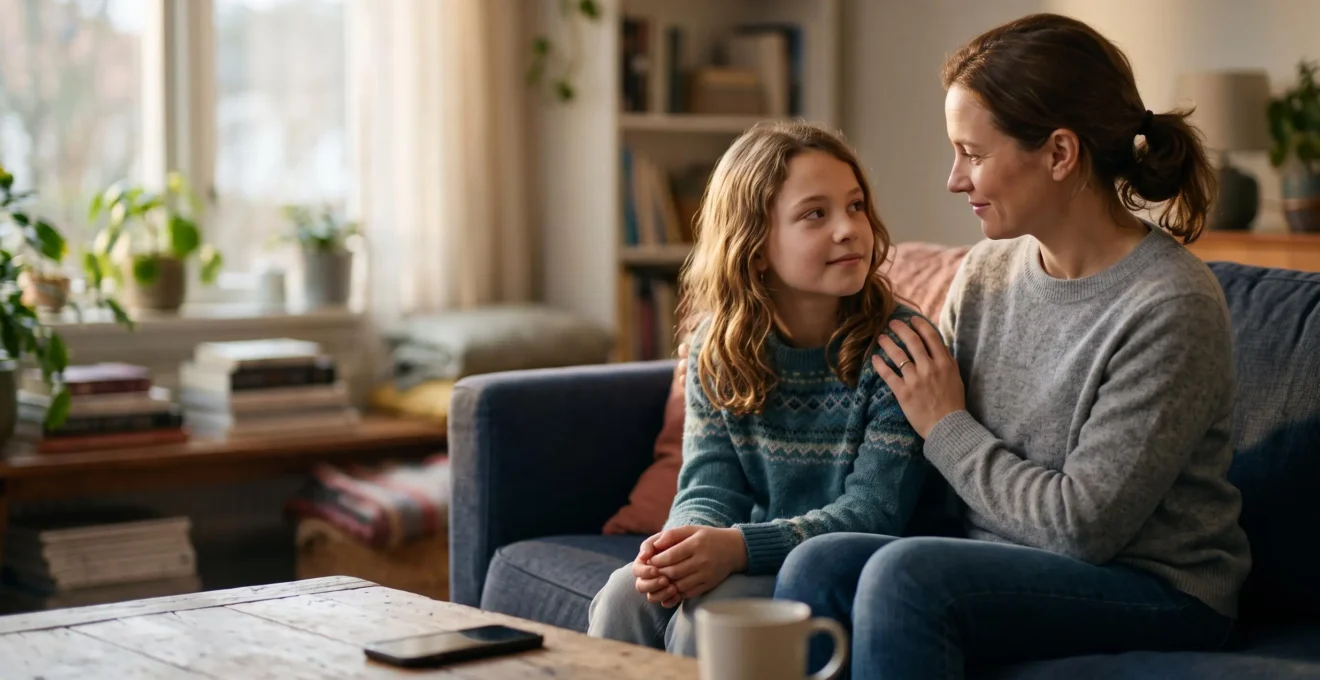 A parent and child sharing a warm, trust-building conversation at home about staying safe online