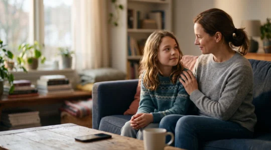 A parent and child sharing a warm, trust-building conversation at home about staying safe online