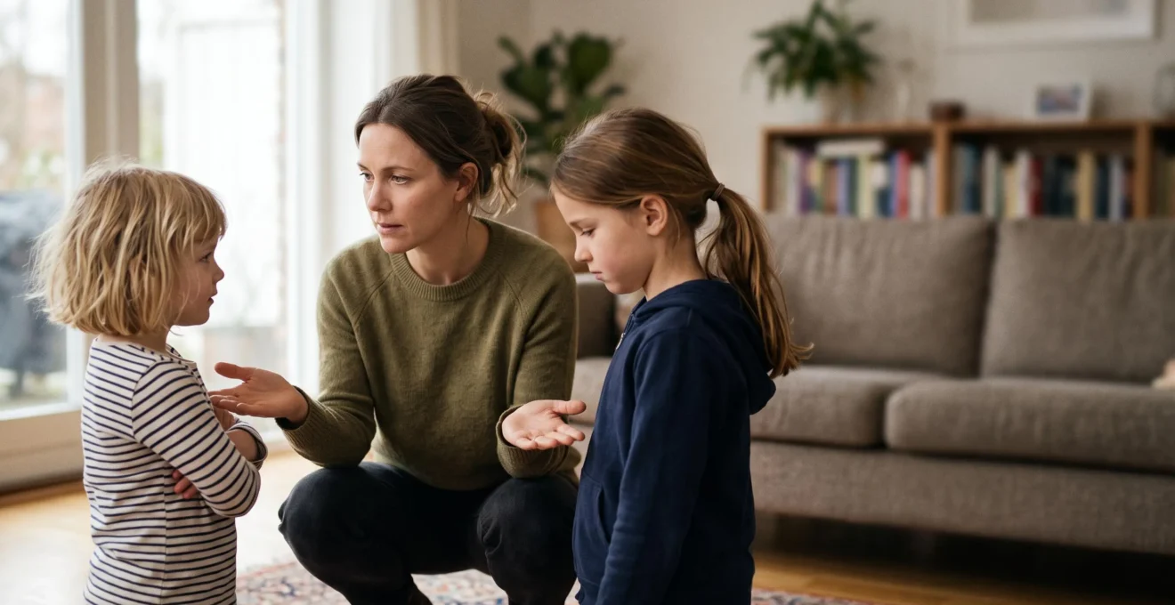 A parent calmly kneeling at eye level between two young siblings during a disagreement, symbolizing neutral family mediation