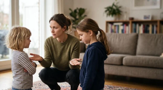 A parent calmly kneeling at eye level between two young siblings during a disagreement, symbolizing neutral family mediation
