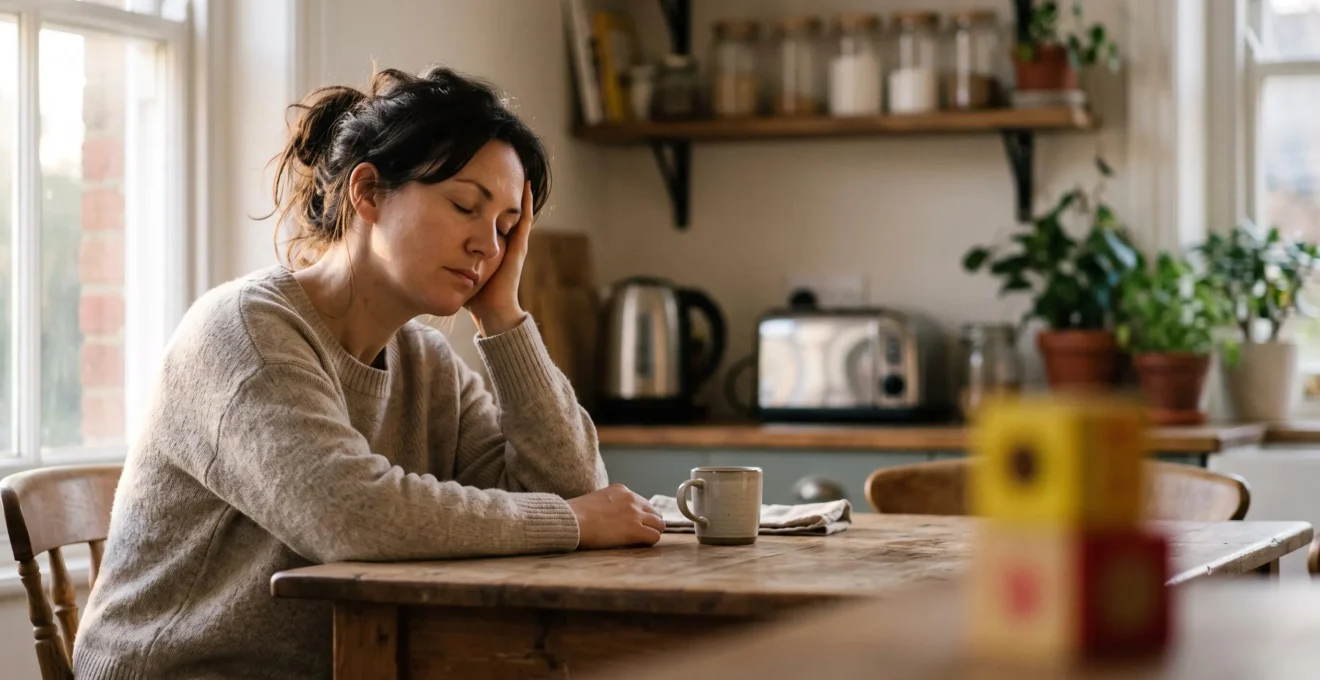 A tired parent sitting quietly at a kitchen table, showing signs of emotional exhaustion associated with parental burnout