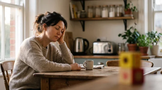 A tired parent sitting quietly at a kitchen table, showing signs of emotional exhaustion associated with parental burnout