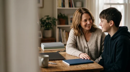 A parent and teenager sharing a warm, supportive moment during SAT study preparation at home