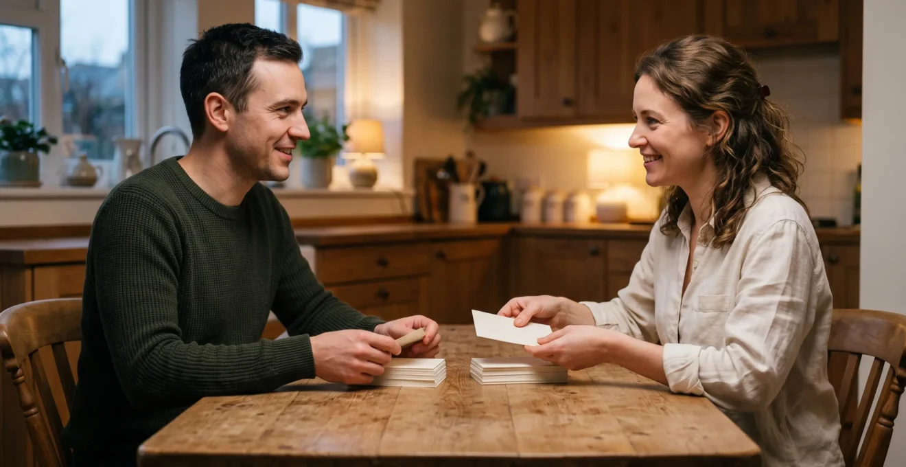 A couple sitting together at a kitchen table at dusk, symbolically dividing a stack of small handwritten cards between them