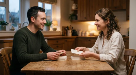 A couple sitting together at a kitchen table at dusk, symbolically dividing a stack of small handwritten cards between them
