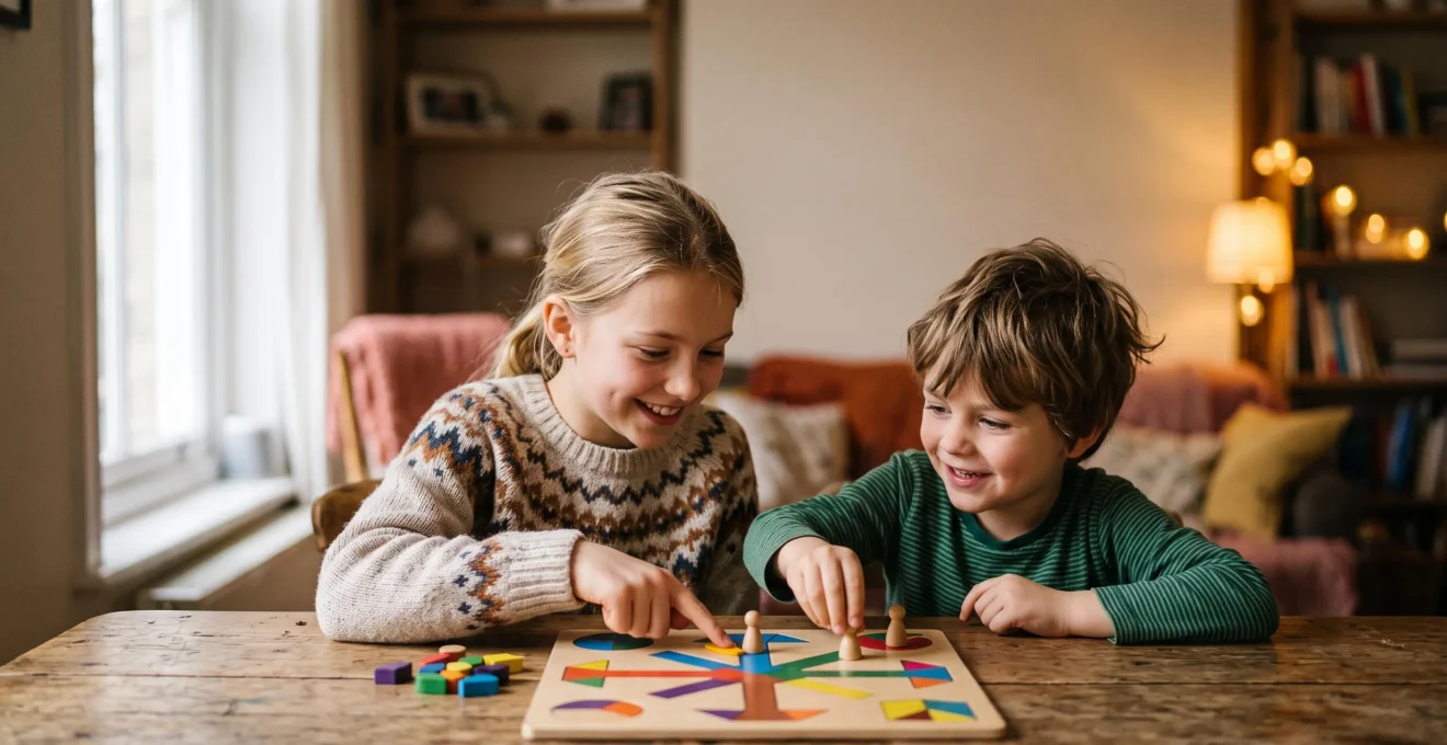 Two siblings of different ages leaning over a table, working together on a cooperative board game with warm natural light