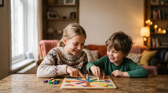 Two siblings of different ages leaning over a table, working together on a cooperative board game with warm natural light